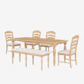 Vintage Traditional 6 Piece 82.7Inch Extendable Dining Table Set With 23.6Inch Removable Leaf, 50.4Inch Upholstered Dining Bench And 4 Chairs For 6, Natural Wood Dining Room Distressed Finish Rubberwood Rectangular Dining Table With Bench Wood Wood