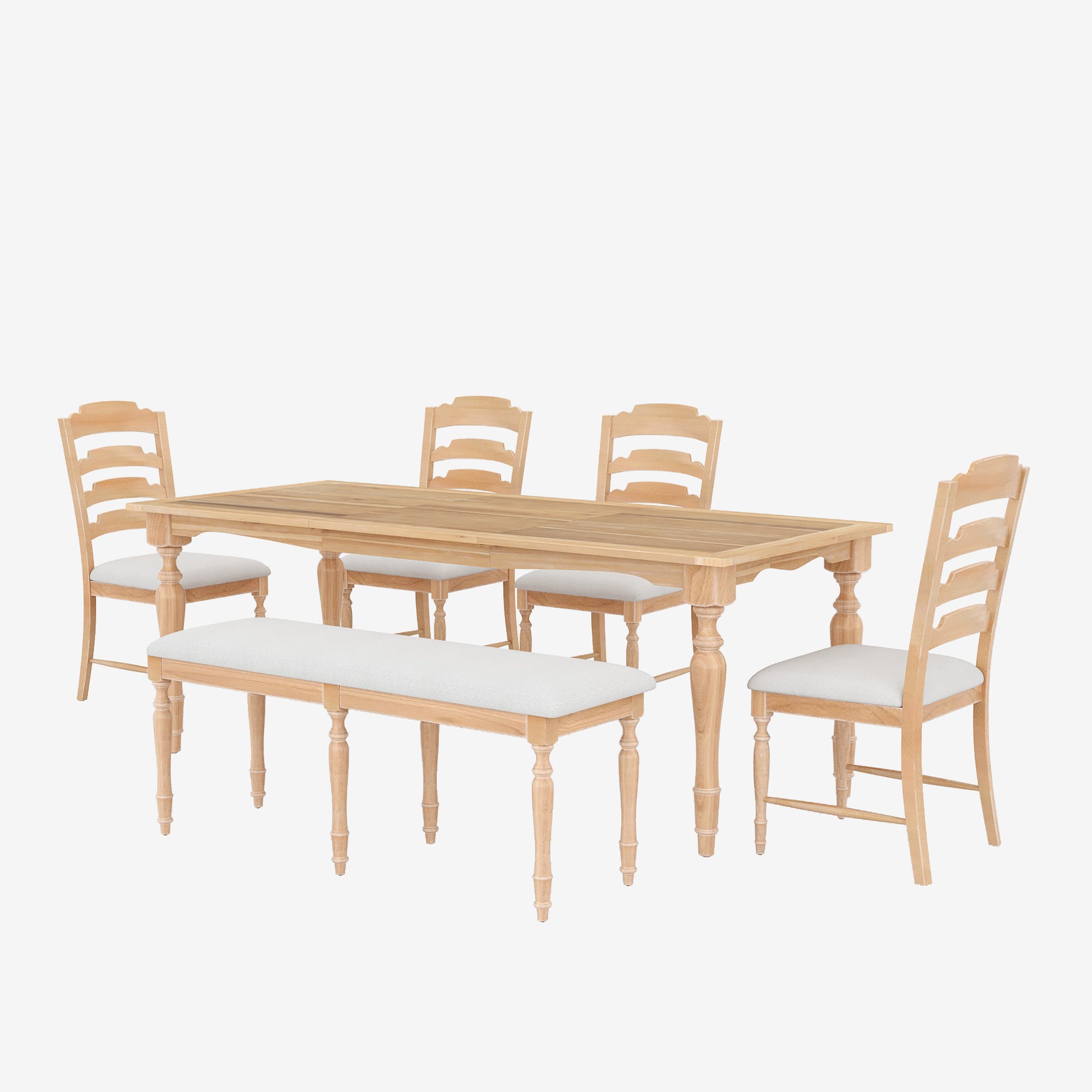 Vintage Traditional 6 Piece 82.7Inch Extendable Dining Table Set With 23.6Inch Removable Leaf, 50.4Inch Upholstered Dining Bench And 4 Chairs For 6, Natural Wood Dining Room Distressed Finish Rubberwood Rectangular Dining Table With Bench Wood Wood