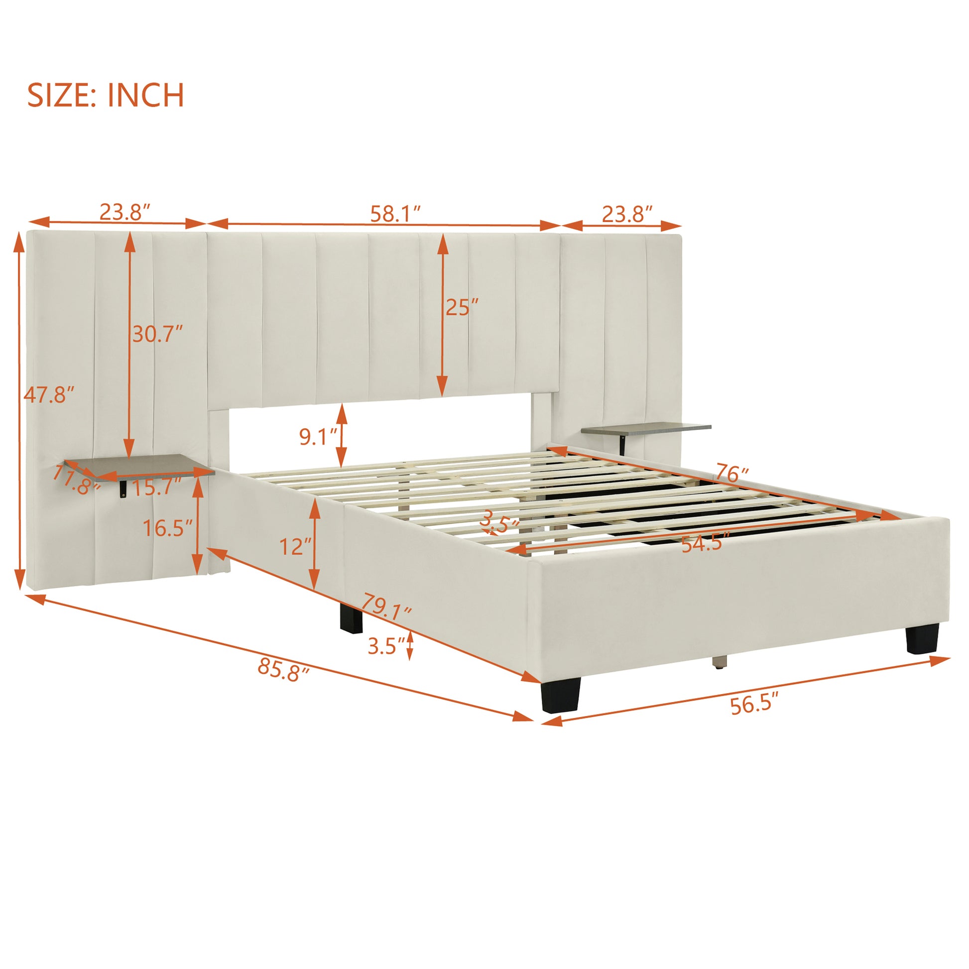Full Size Upholstered Platform Bed With Big Headboard, Bedroom Furniture, Velvet, Beige Full Beige Plywood