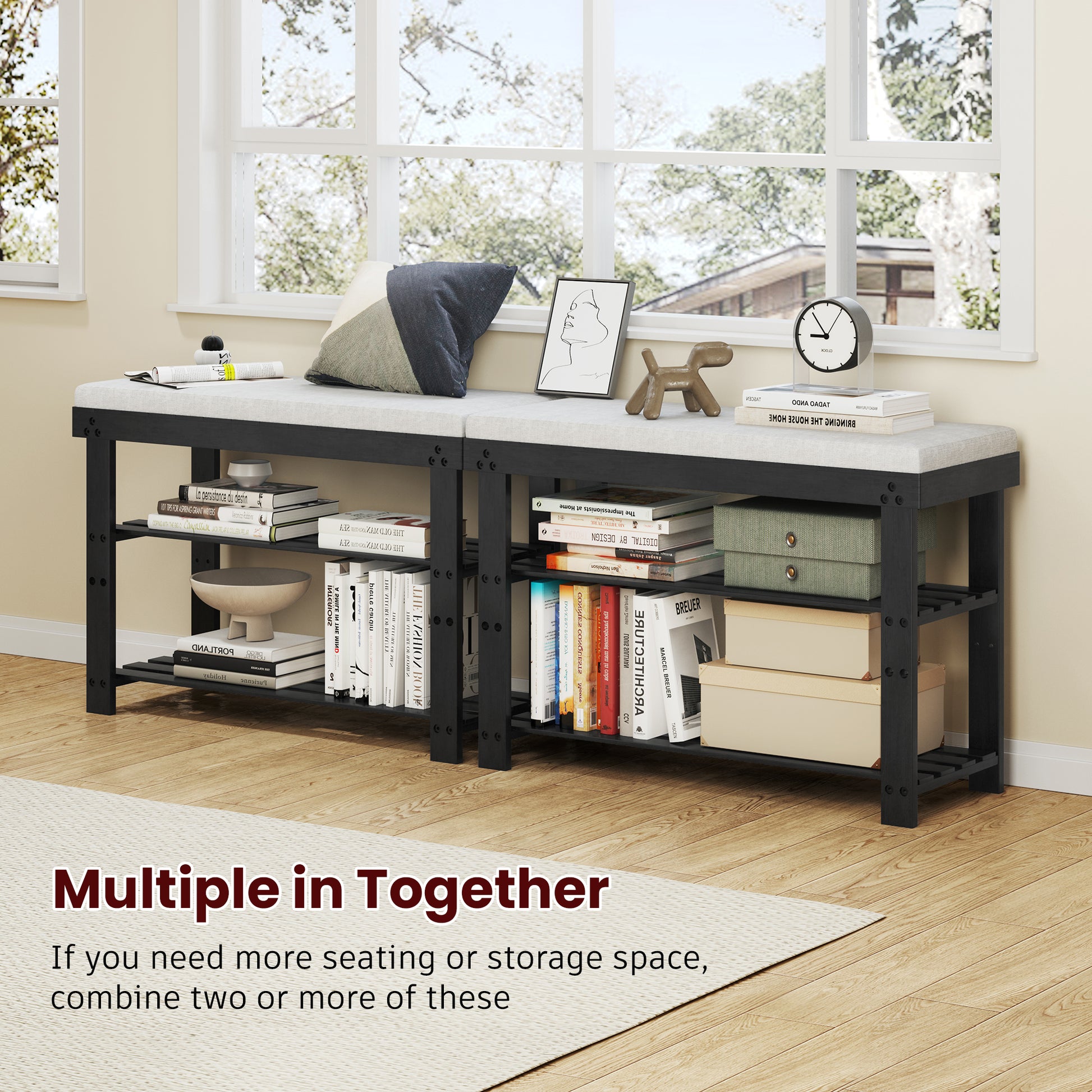 Bamboo Shoe Bench, 3 Tier Shoe Rack, Entryway Bench With Cushion And Adjustable Shelves, Shoe Rack For Entryway, Hallway, Mudroom And Living Room, Black Black Bamboo