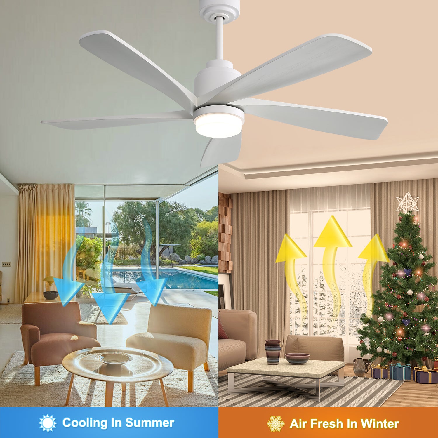 52 Inch Modern Ceiling Fan With Dimmable Led Light 5 Solid Wood Blades Smart Remote Control Reversible Dc Motor White Metal & Wood