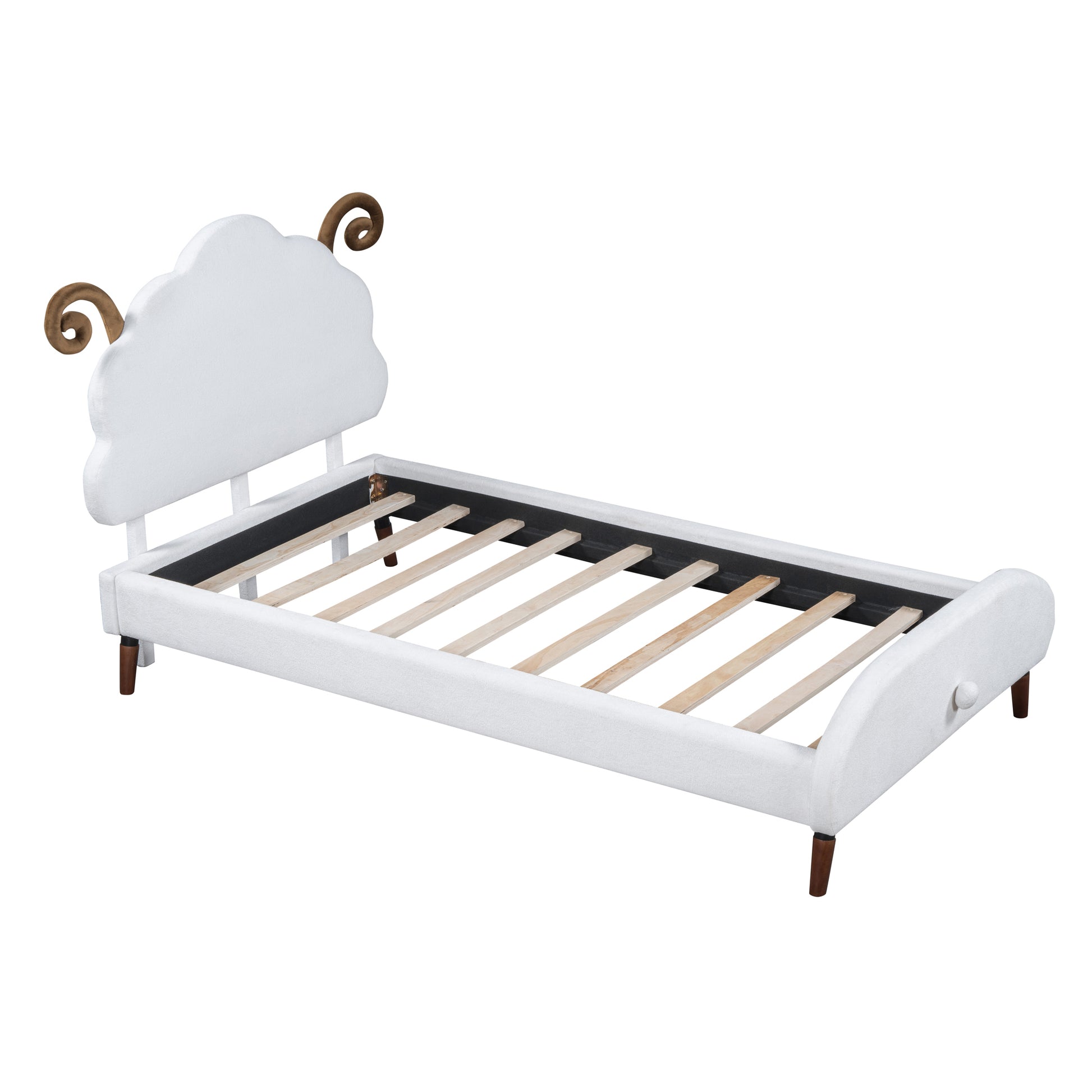 Twin Size Upholstered Platform Bed With Sheep Shaped Headboard, White Twin White Plywood