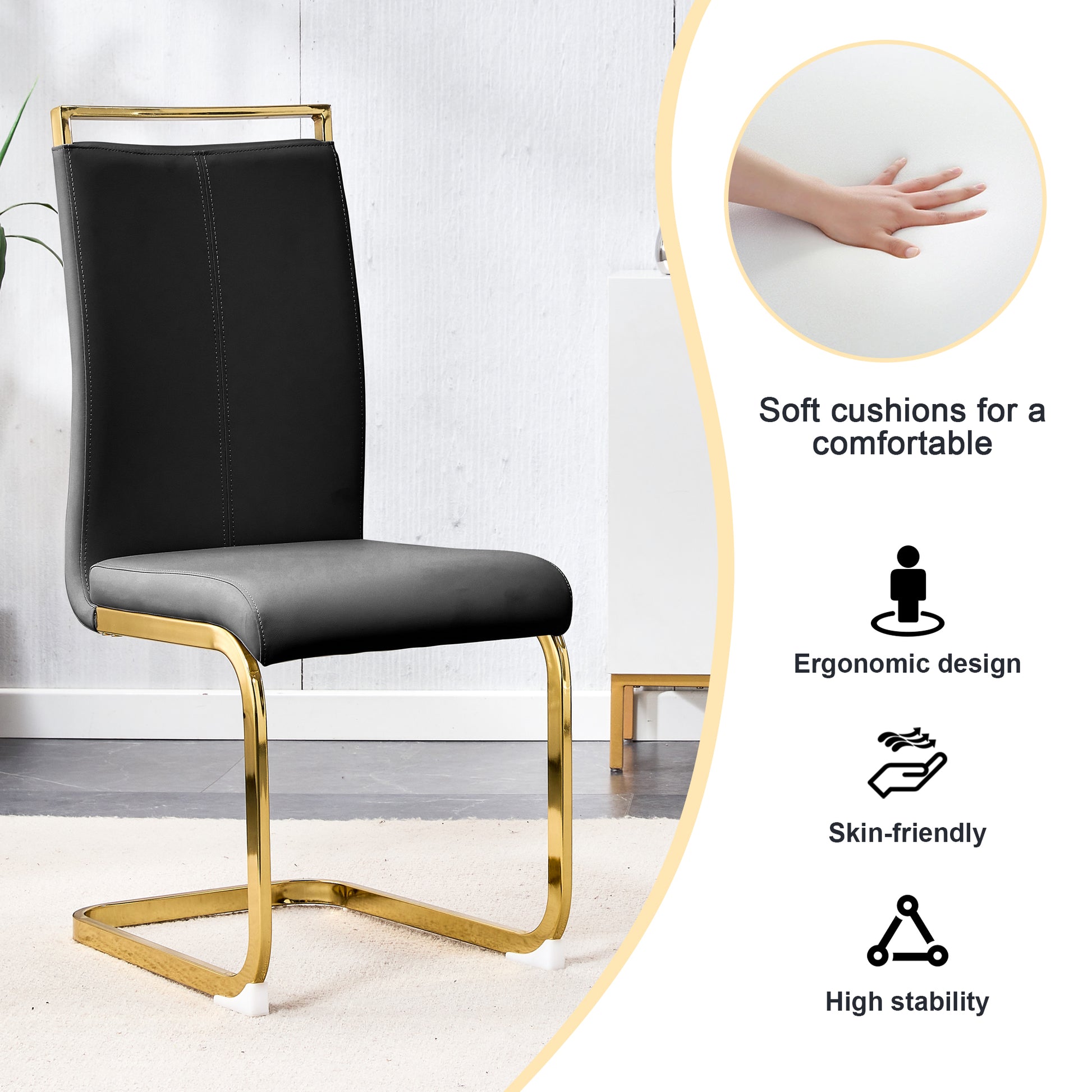Table And Chair Set,Modern Rectangular Table With 0.4 Inch Black Patterned Tabletop And Gold Legs, Suitable For Kitchen, Dining Room, And Living Roomcomfortable Pu Seats,Perfect For Dinner, Meet Black Seats 4 Sintered Stone