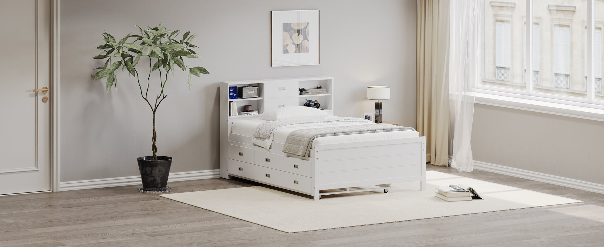 Twin Size Captain Bed With Storage Bookcase Headboard,Captain Bed With Trundle And Three Storage Drawers For Kids Teens Dorm Bedroom Multipurpose Guest Room Or Home, White Box Spring Not Required Twin White Wood Solid Wood Mdf