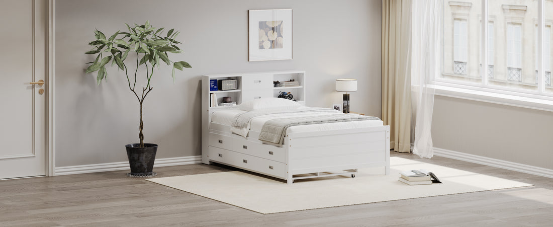 Full Size Captain Bed With Storage Bookcase Headboard,Captain Bed With Trundle And Three Storage Drawers For Kids Teens Dorm Bedroom Multipurpose Guest Room Or Home, White Box Spring Not Required Full White Wood Solid Wood Mdf