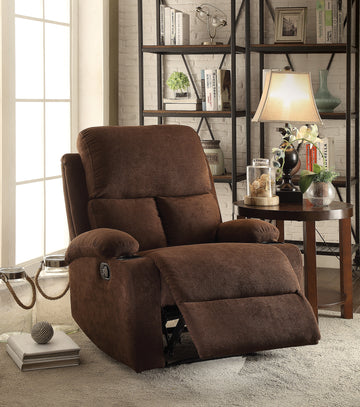 Chocolate Recliner With Cup Holder Chocolate Linen Manual Handle Metal Primary Living Space Tight Back Handle Pillow Top Arms Fabric Metal