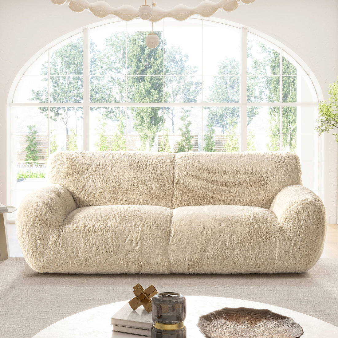 Summit 83" Faux Sheepskin Overstuffed Sofa, Cream Beige Faux Fur Cream Foam Faux Fur 3 Seat