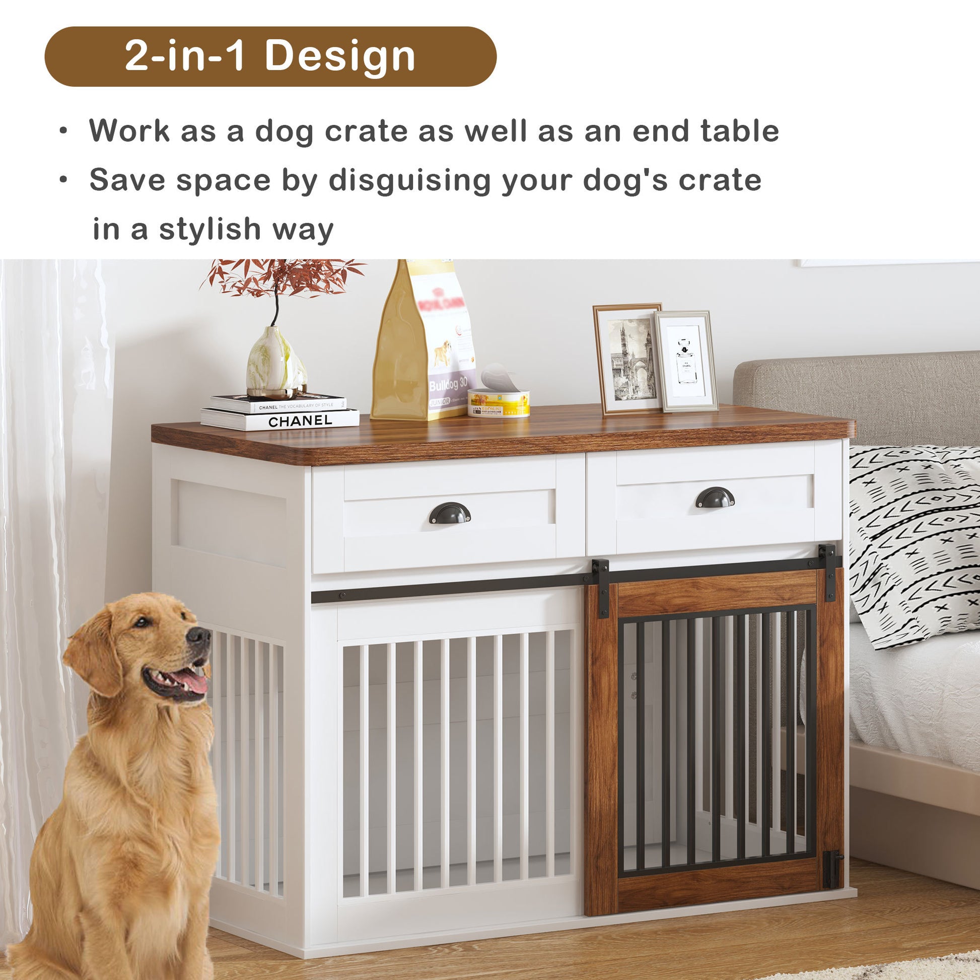 Heavy Duty Furniture Style Dog Cage Wooden Dog Cage Double Door Dog Cage Side Cabinet Dog Cage Dog Crate 44 1 2"W *22 3 4"D *33 1 4"H White Walnut American Design Particle Board