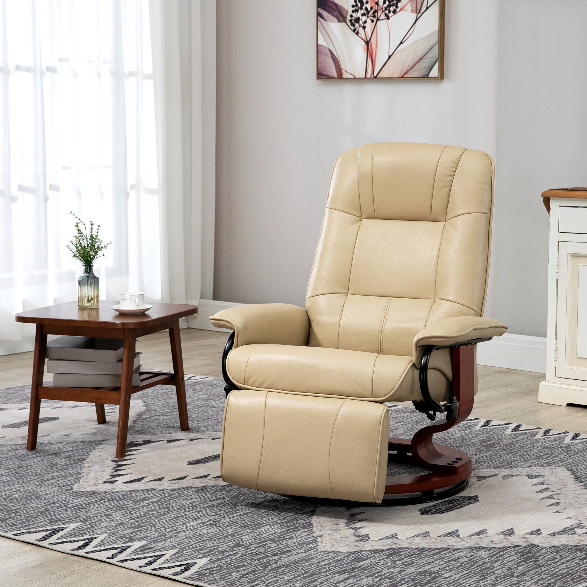 Homcom Faux Leather Manual Recliner With Swivel Wood Base, White Cream White Pu Leather