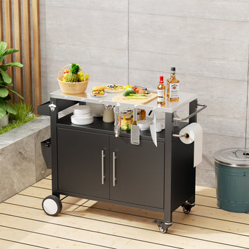 Two Doors Outdoor Grill Cart With Patio Furniture, Outdoor Grill Table With Storage,Rolling Bar Cart Outdoor Bbq Cart With Hooks And Spice Rack For Grilling Accessories, Black Black Silver Stainless