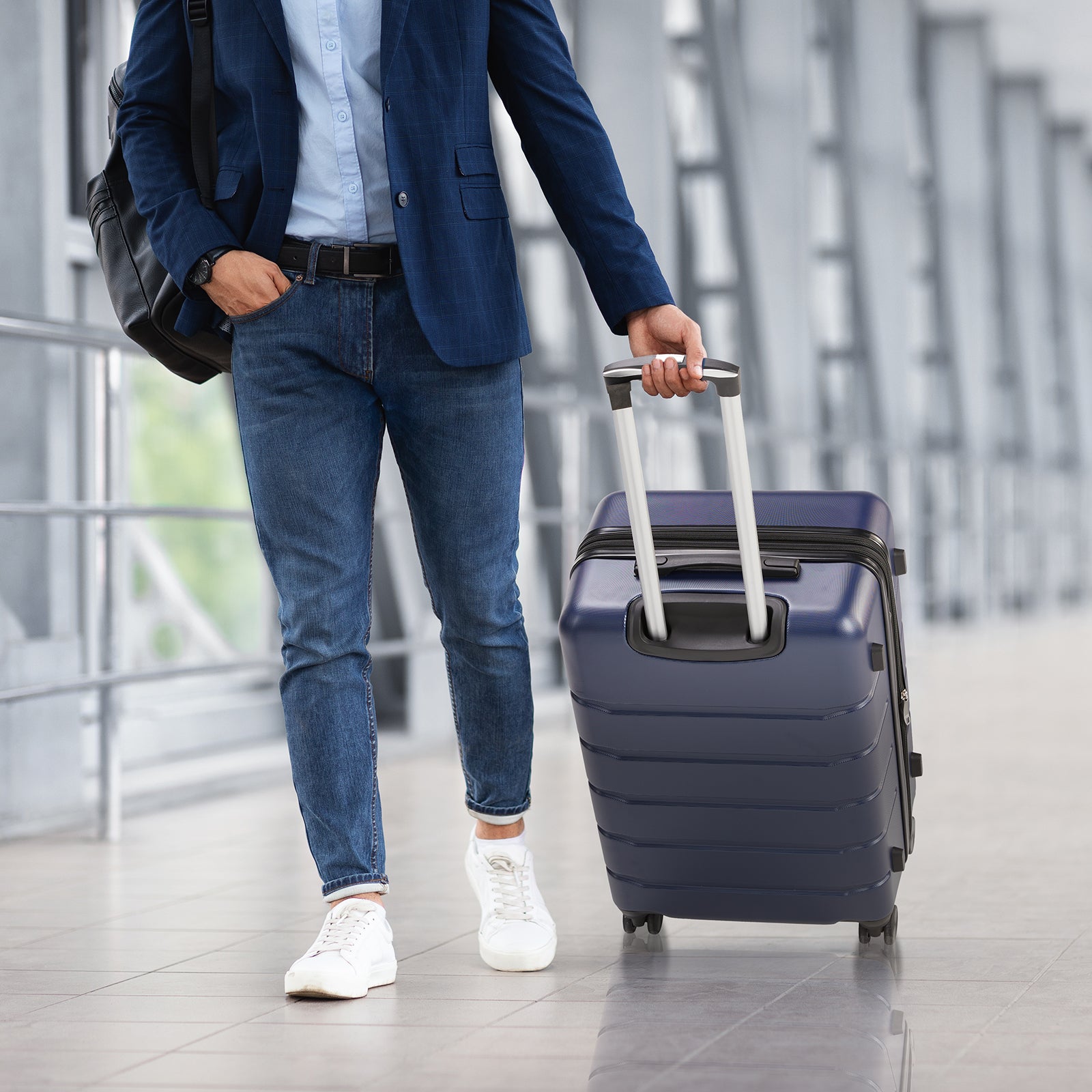 Hard Sided Expand Suitcase With Rotating Wheels, Tsa Lock, Retractable Handle, Blue, 24" Blue Iron Plastic