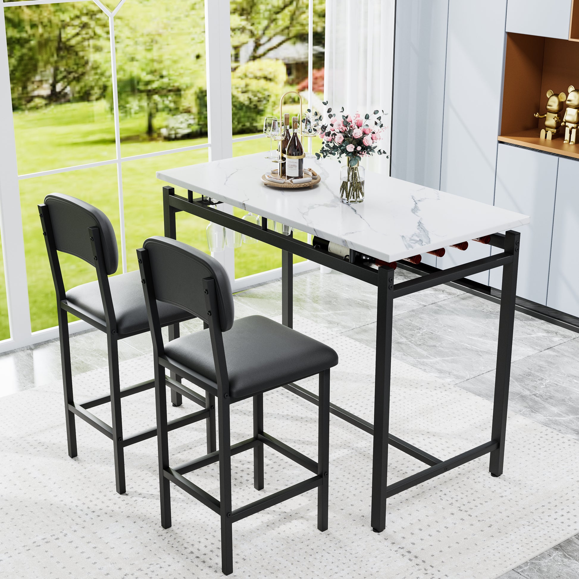 Kitchen Table Set, Dining Table And Chairs For 2, 3 Piece Dining Room Table Set With 2 Upholstered Chairs, Bar Dining Table Set For Small Spaces, Apartment, Breakfast, Pub, Rustic Black Black Seats 2 Mdf