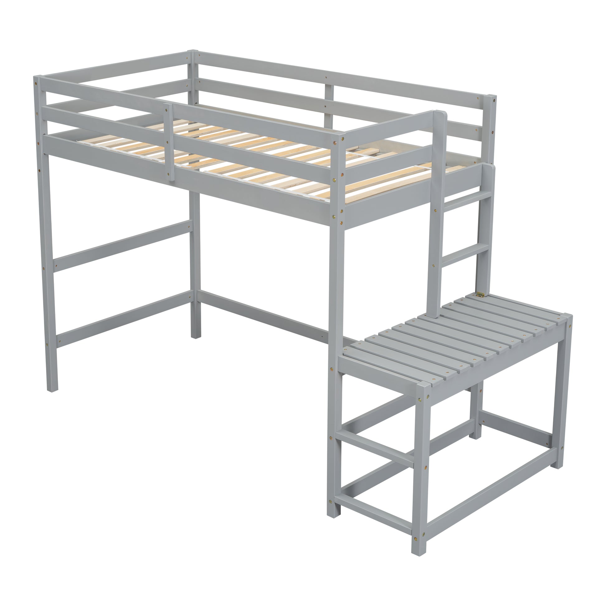 Twin Size High Loft Bed With Ladder Landing Platform, Ladders, Guardrails,Grey Twin Gray Wood Bedroom American Design Pine Bed Frame Pine