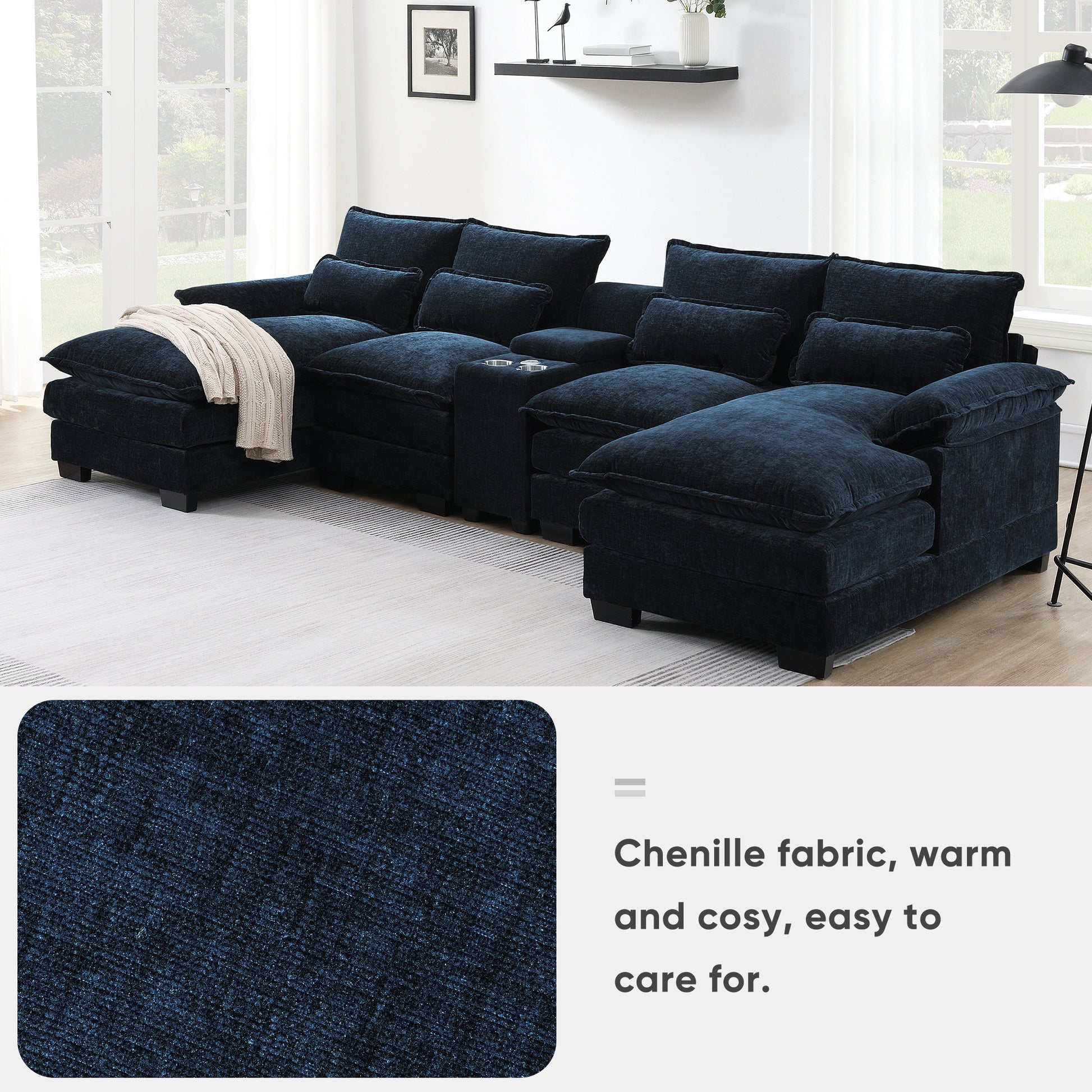 123*55" Modern U Shaped Sofa With Console,Cupholders And Usb Ports,6 Seat Upholstered Symmetrical Indoor Furniture,Sleeper Couch Set With Chaise For Living Room,Apartment,5 Colors Blue Chenille 6 Seat