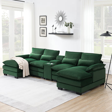 123*55" Modern U Shaped Sofa With Console,Cupholders And Usb Ports,6 Seat Upholstered Symmetrical Indoor Furniture,Sleeper Couch Set With Chaise For Living Room,Apartment,5 Colors Green Velvet 6 Seat