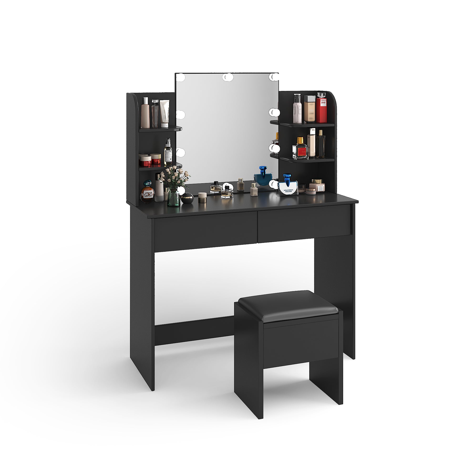 Modern Dressing Table With 2 Drawers, 4 Open Shelves Rectangular Makeup Table With Mirror, 10 Lamp Bulb,42.52*15.75* 52.76Inch,For Bedroom, Black Black Particle Board Mdf