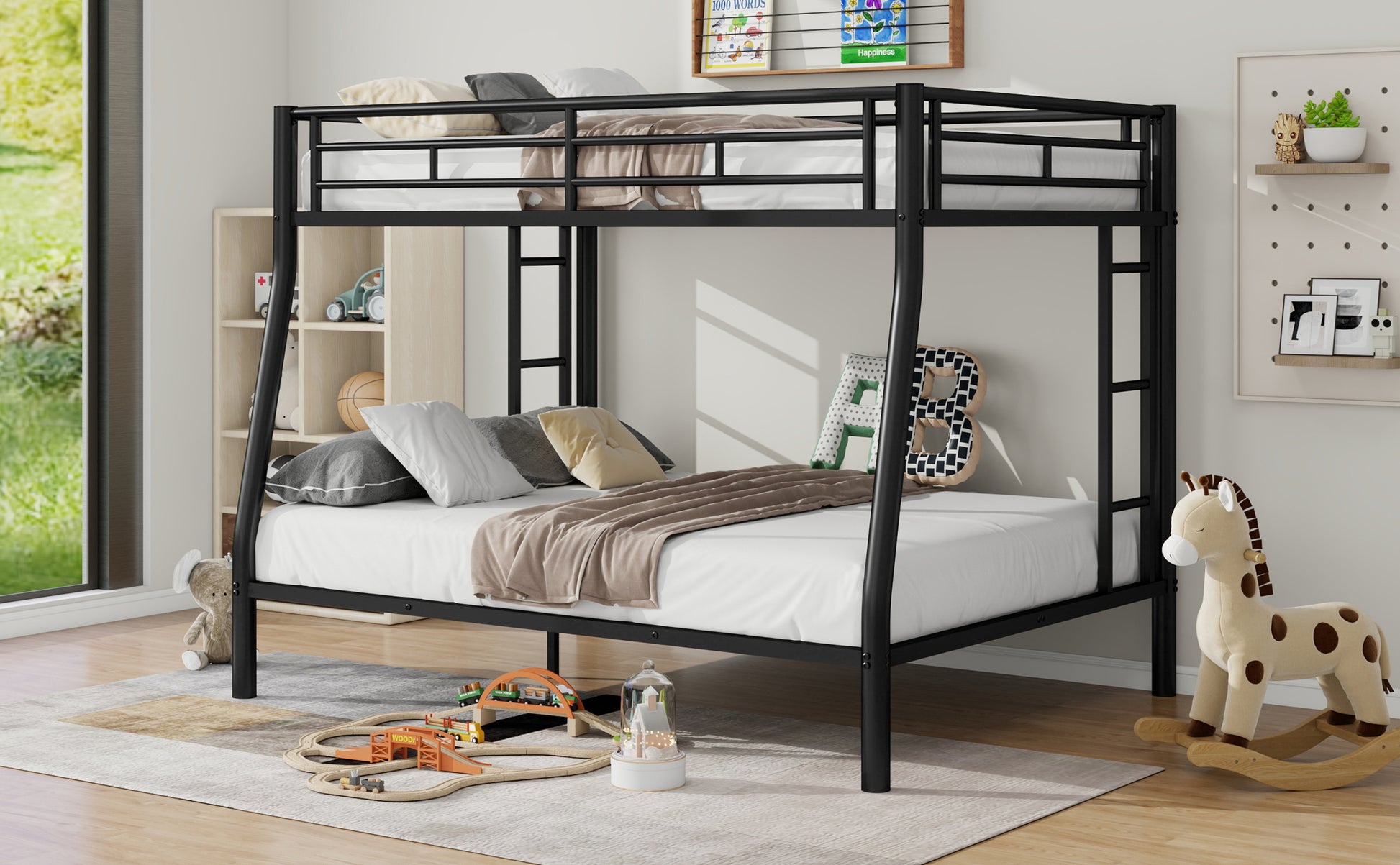 Full Xl Over Queen Metal Bunk Bed With Ladder And Guardrails, Black Expected Arrival Time: 9.7 Box Spring Not Required Full Xl Black Metal Metal