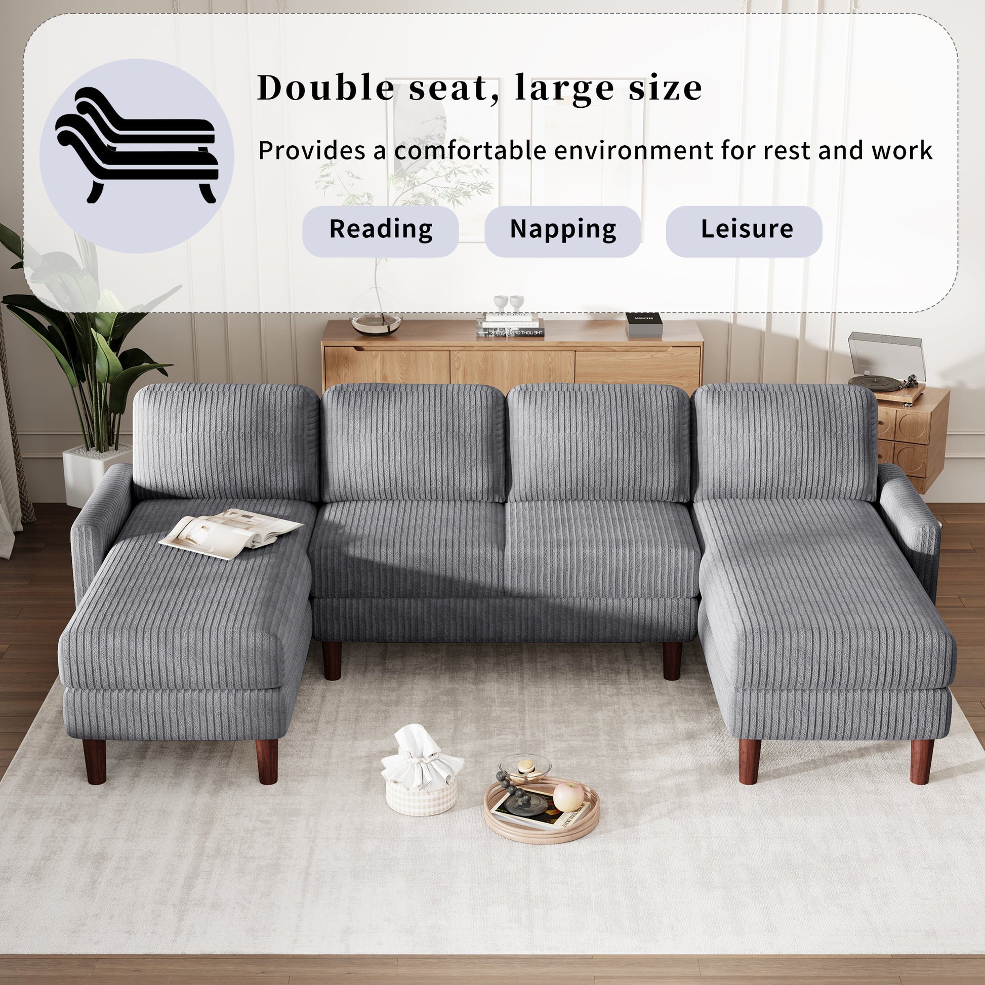 U Shaped Sponge Filled Cushion Combination Sofa, Suitable For Living Rooms, Studies, And Spacious Spaces Gray Polyester 4 Seat