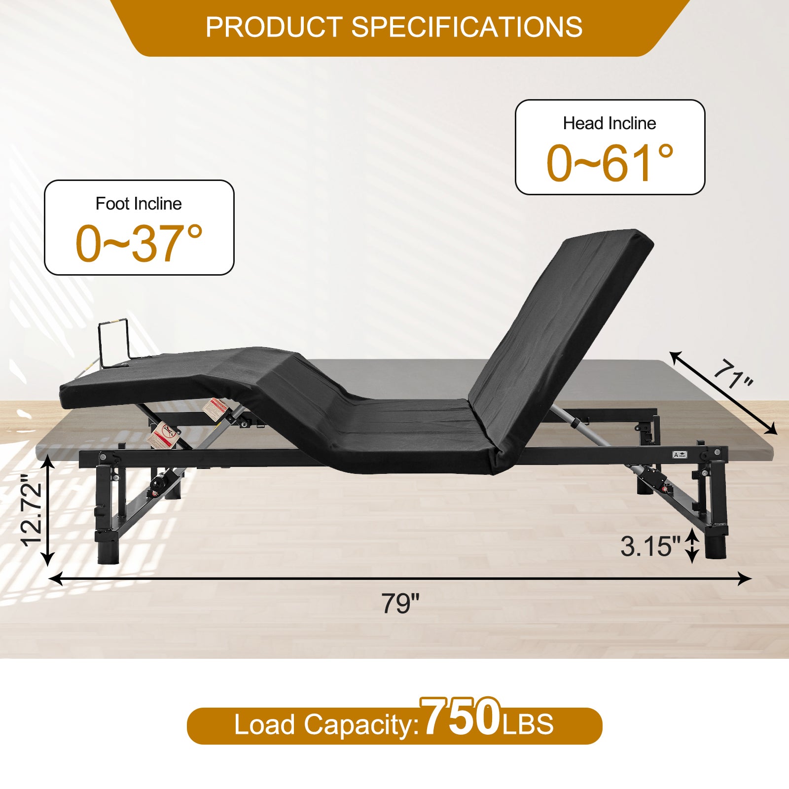 Adjustable Bed Base Frame Head And Foot Incline Quiet Motor King Size Zero Gravity, 4 Ports Usb, Under Bed Nightlight King Antique Black Bedroom Bed Frame Steel