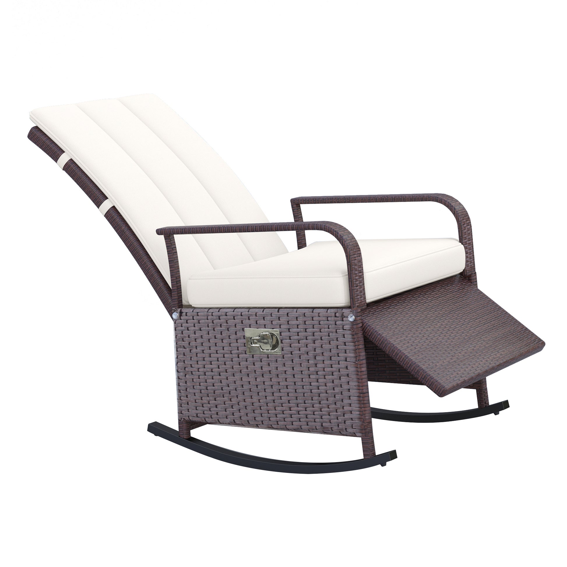 Outsunny Wicker Outdoor Rocking Chair, Patio Recliner With Adjustment Backrest, Pe Rattan Lounge Chair With Adjustable Footrest And Cushions For Garden, Backyard, Porch, Beige Brown Steel