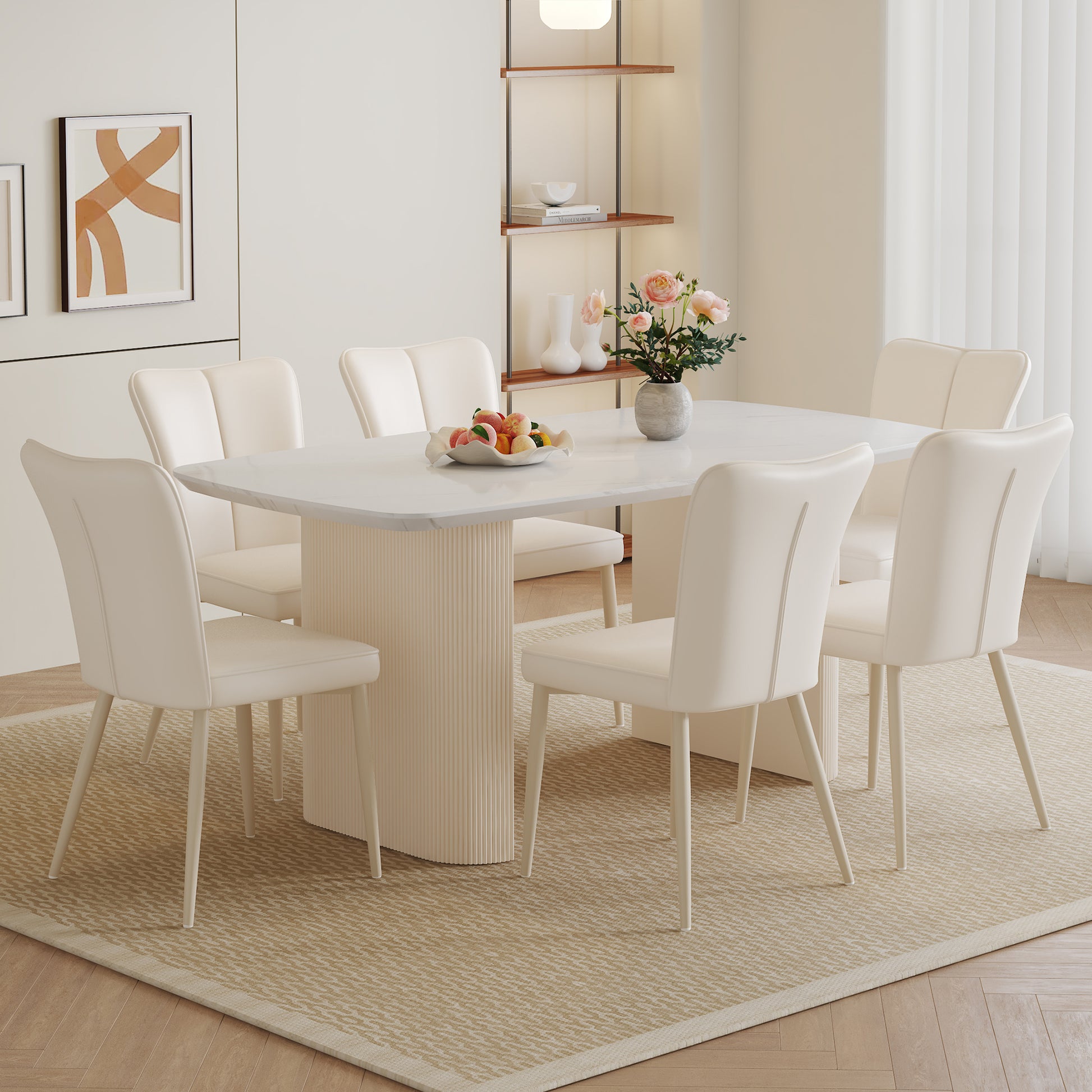 Table And Chair Set.67*35.4 Cream Style Mdf White Dining Table Set With 6 Cream Style Dining Chairs With A Vertical Line Design On Backrest.Adding A Warm And Gentle Atmosphere To Your Family. White