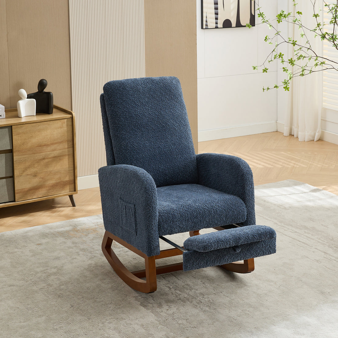 25.4"W Rocking Chair For Nursery, High Back Glider Chair With Retractable Footrest, Side Pocket, Rocking Accent Armchair With Rubber Wood Legs For Living Room Bedroom.Navy Navy Boucle