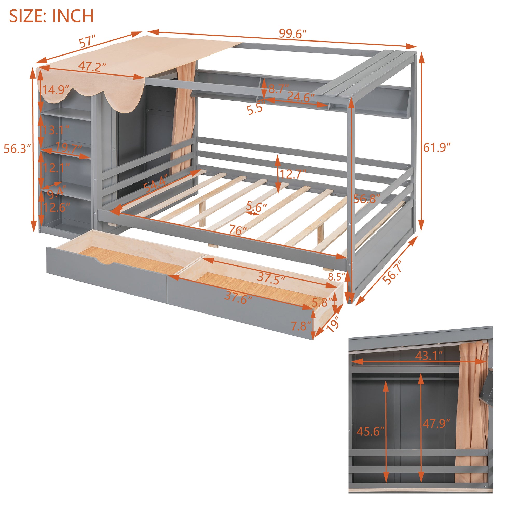 Full Size House Bed With Two Drawers And Wardrobe,Gray Full Gray Solid Wood