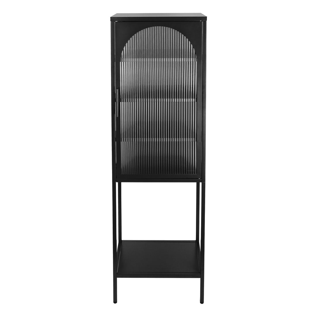 Stylish Tempered Glass High Cabinet With Arched Door Adjustable Shelves And Feet Anti Tip Dust Free Fluted Glass Kitchen Credenza Black Black Tempered Glass Sheet Metal Plastic