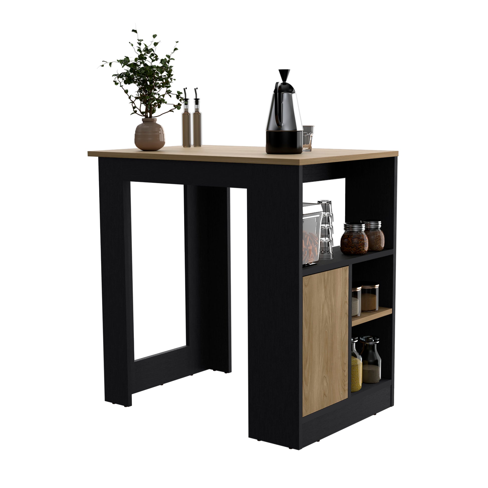 Kitchen Island 36" H, Three Open Side Storage Shelves And One Push To Open Cabinet, Black Natural Oak Multicolor Solid Wood Mdf Engineered Wood