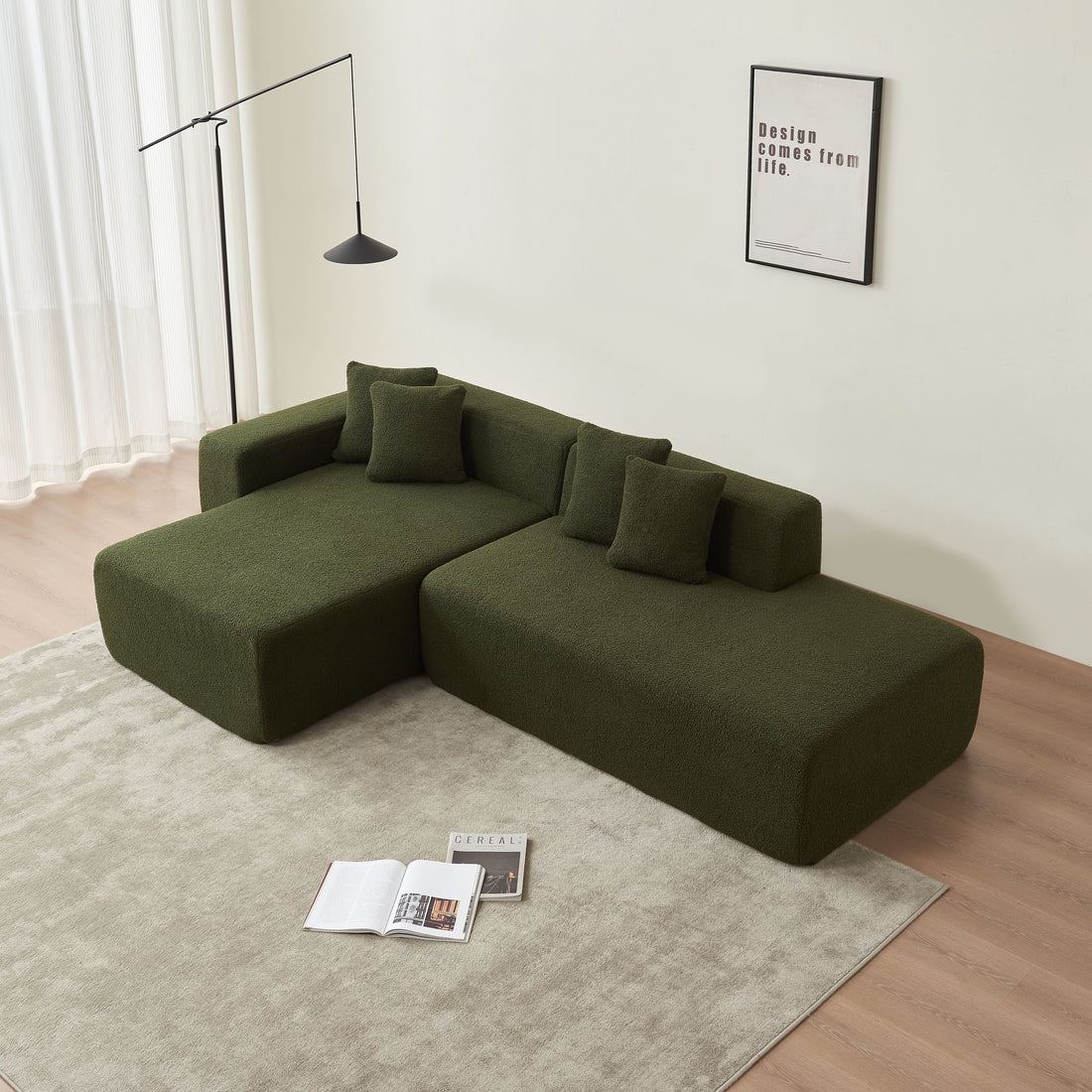 Modular Sectional Couch, Lambswool Fabric Modern L Shape Sectional Sofa With Chaise Lounge, Living Room Upholstered 5 Seater Corner Sofa Couch For Bedrooms, Apartment Green Foam Sherpa 5 Seat