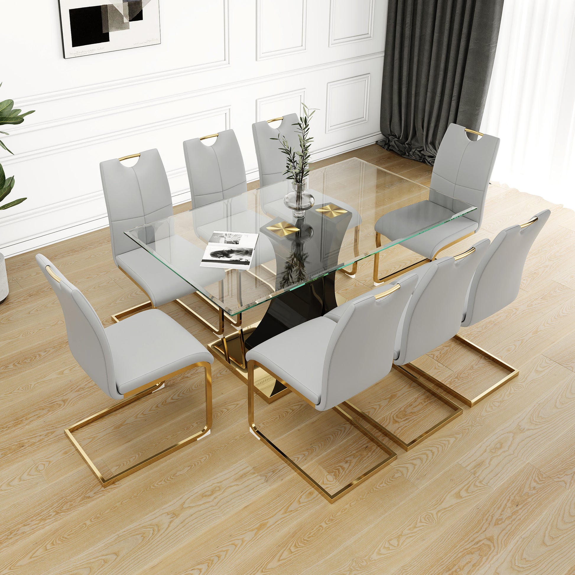 Modern Style Glass Dining Table, Elegant Transparent Design, Solid Support Base, Grey Dining Chair Set, Gold Plated Chair Legs, Suitable For Restaurant Kitchen Use Set Of 9 Grey Glass