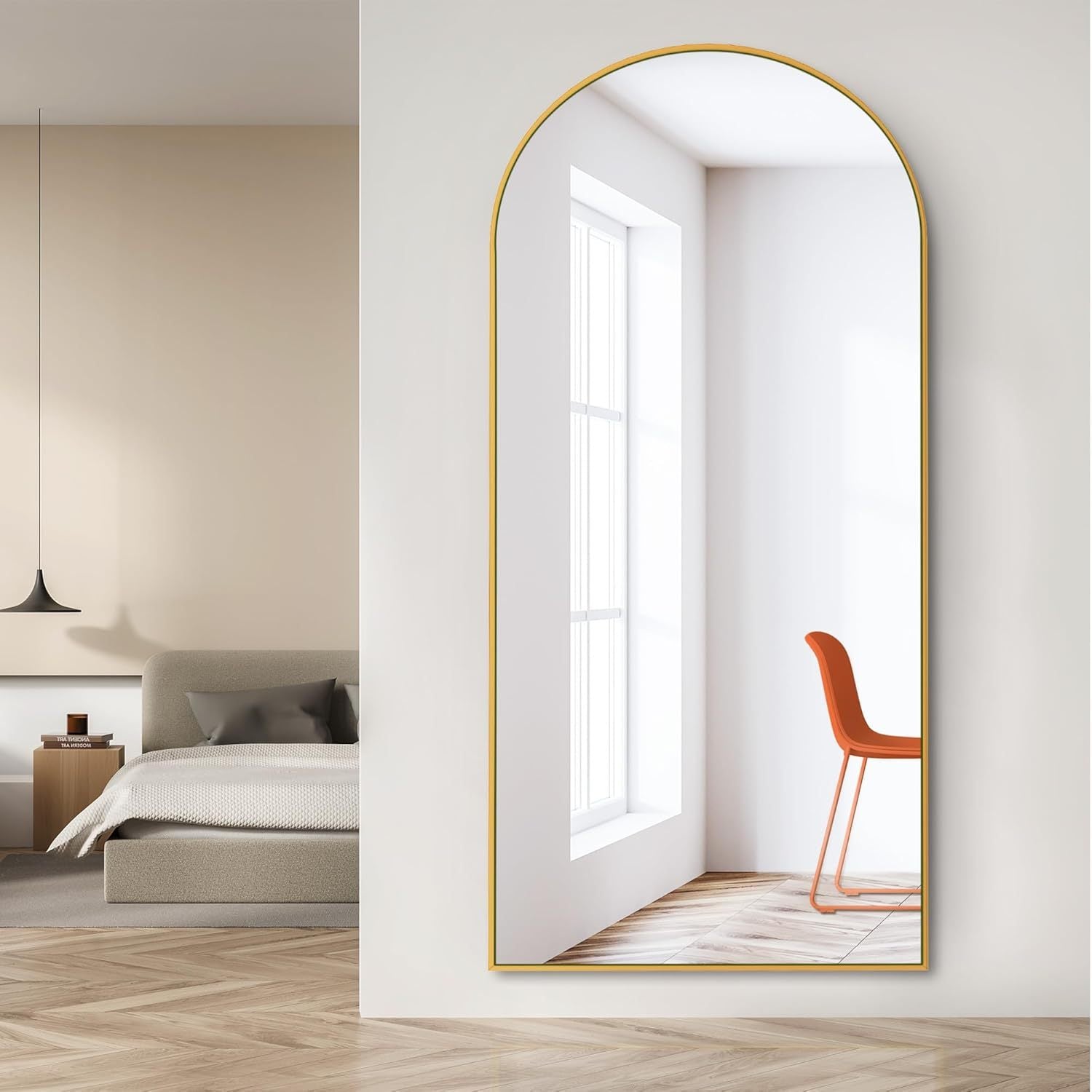 Dolonm 71X28 Inch Arch Full Length Mirror, Modern Design Standing Floor Mirror, Full Body Mirror For Living Room, Bedroom, Bathroom, Cloakroom, Hallway, Gold Wooden Frame Golden Mirror