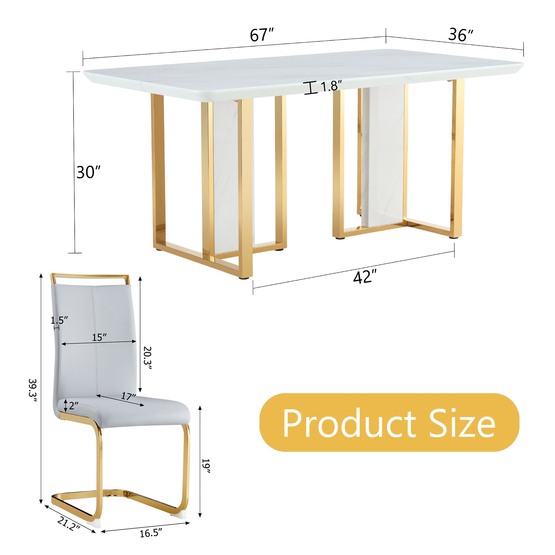 Table And Chair Set.67"X36" White Marble Pattern Mdf Dining Table Set With 8 Light Gray Pu Chairs.Mdf Sticker,White Marble Pattern Sticker,Gold C Tube Chair Legs,Suitable For Kitchen,Dining