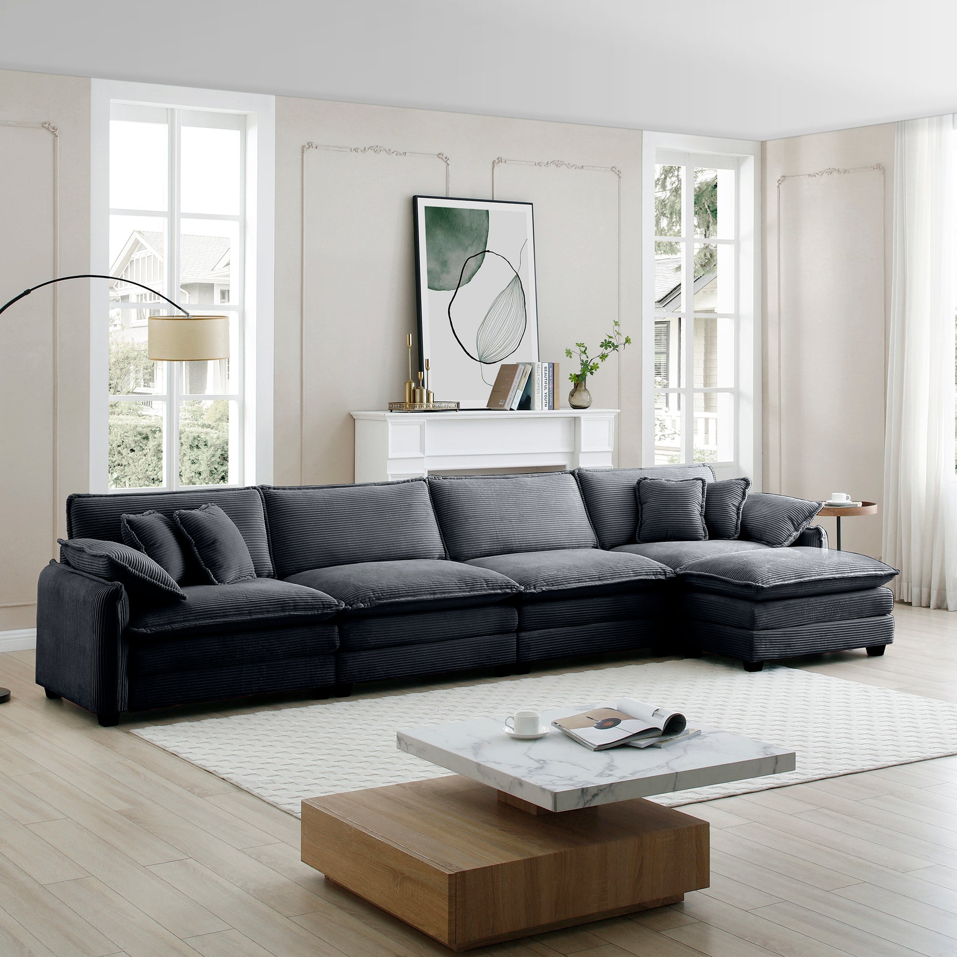 Corduroy Sofa Modern Upholstered 4 Seater With With 1 Footstool Corduroy Fabric Sofaoffice Living Room Apartment Comfort Sofa, Easy To Assemble With 2 Arm Pillows And 4 Throw Pillows Grey Corduroy 4 Seat
