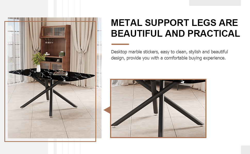 Large Modern Minimalist Rectangular Dining Table With 0.39 "Imitation Marble Black Tabletop And Black Metal Legs, Suitable For Kitchen, Dining Room, Living Room, Conference Room, And Banquet Hall 1537 Black Glass Metal