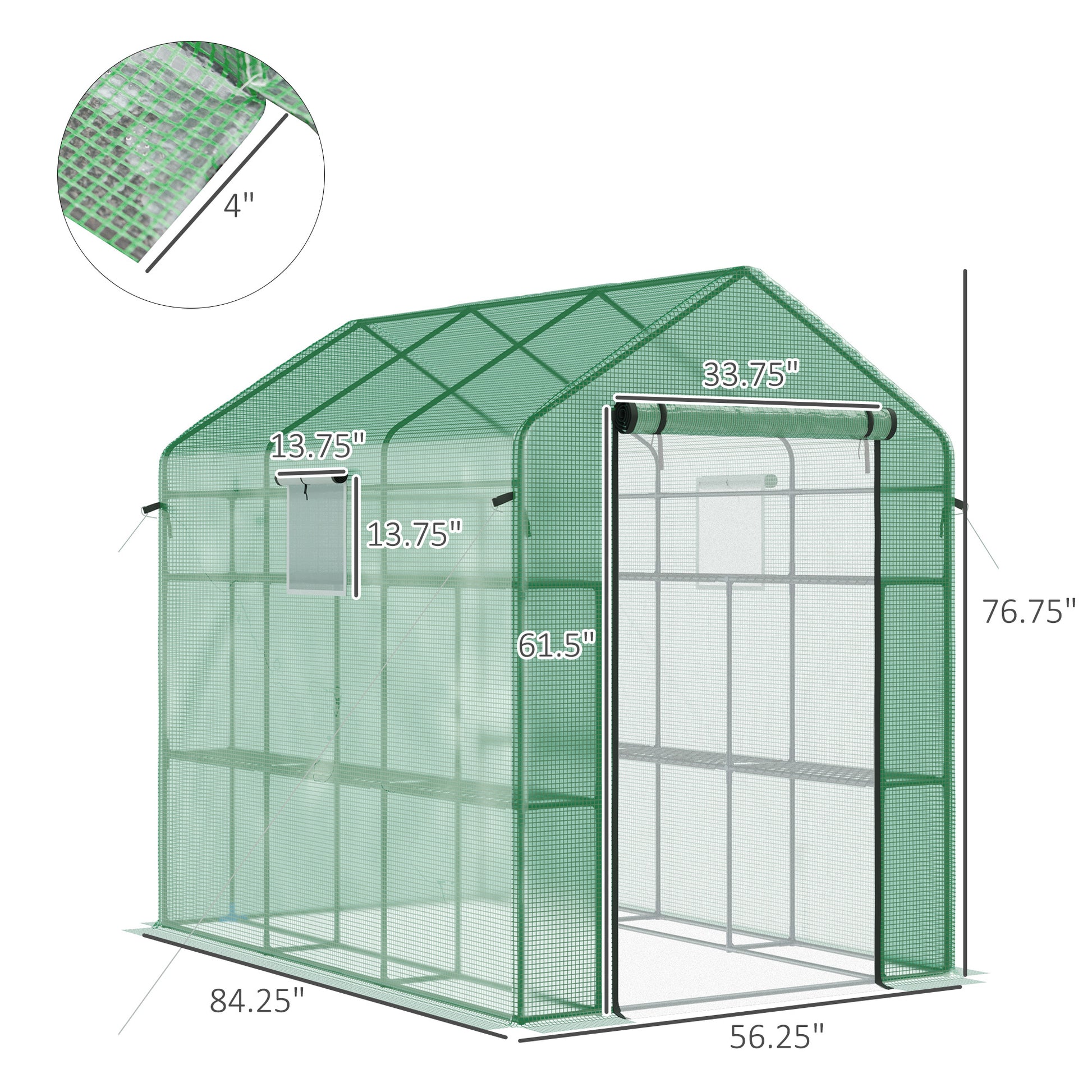 Outsunny 7' X 5' X 6' Walk In Greenhouse With Mesh Door And Windows, 18 Shelf Hot House With Trellis, Plant Labels, Uv Protective For Growing Flowers, Herbs, Vegetables, Saplings, Green Green Steel