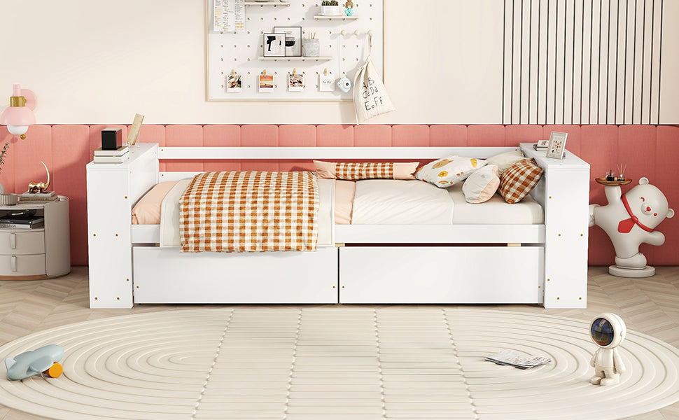 Twin Size Daybed With Shelves And Drawers, White Twin White Pine