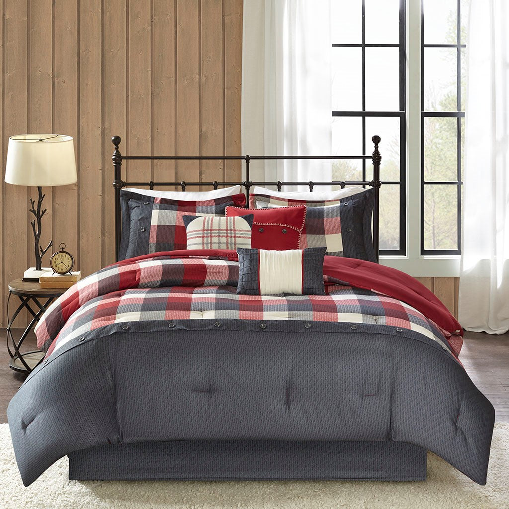 7 Piece Herringbone Comforter Set Red Cal King California King Red Polyester
