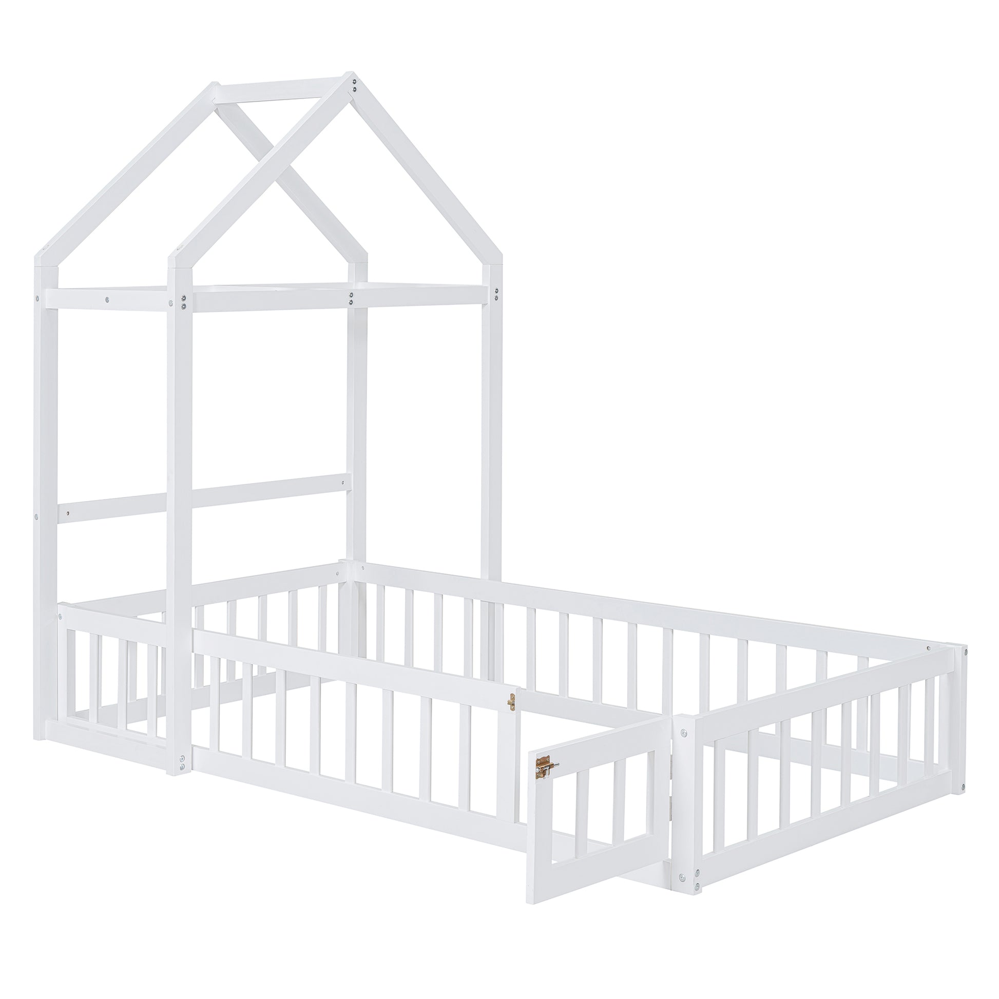 Wooden Floor Bed With Fence Railings And Detachable House Shape Headboard, Twin Size Bed With Kids Dress Up Rack, Kids Montessori Style Playhouse Frame For Girls Boys, White Twin White Wood