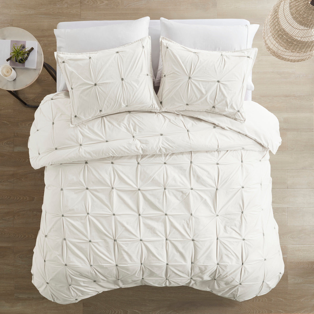 3 Piece Elastic Embroidered Cotton Duvet Cover Set Queen White Cotton