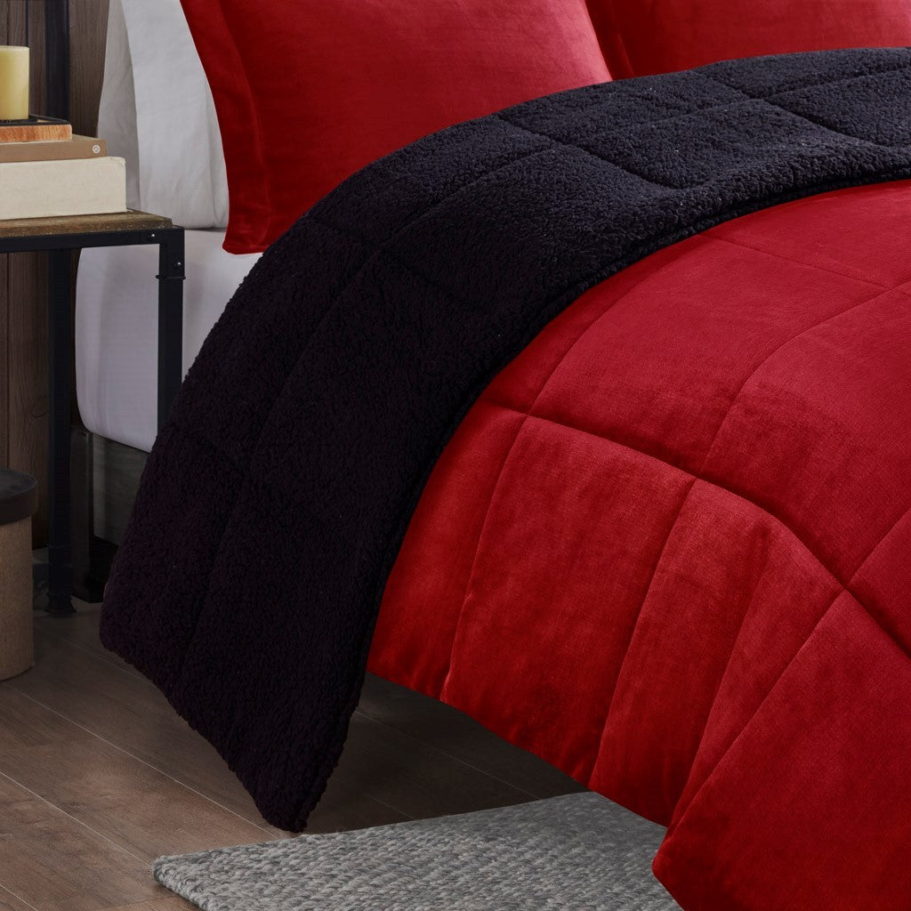 Plush To Sherpa Down Alternative Comforter Set King Red Black Polyester