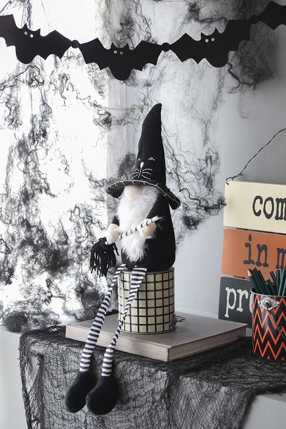 4.3X4X26.8" Fabric Sitting Black Gnome With Broomstick&Long Legs, For Halloween Decor Black White Polyester