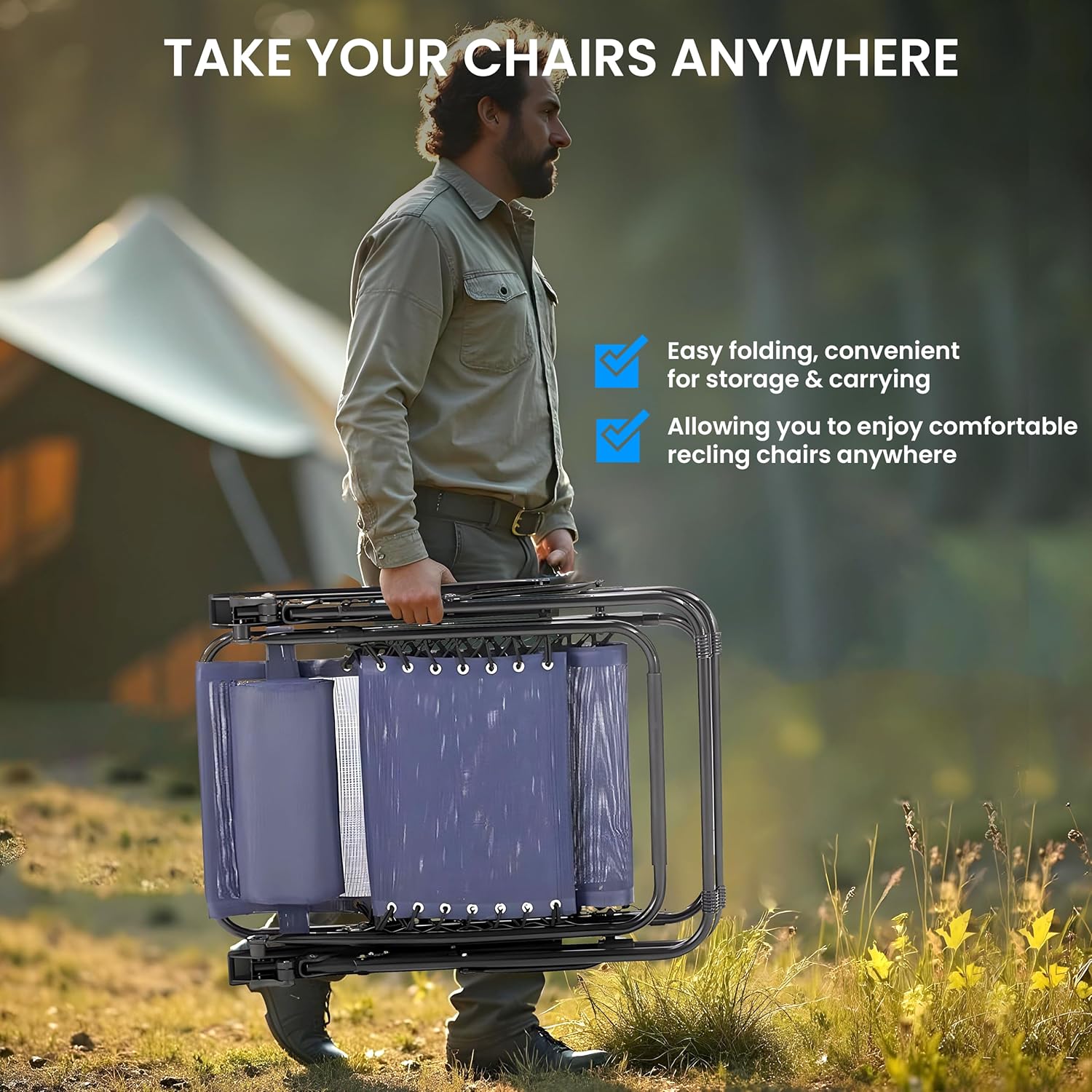 2 Set Zero Gravity Chairs Patio Portable Reclining Folding Lounge Chair Beach Camping Chairs With Pillow And Cup Holder Trays For Garden, Poolside, Blue Blue Steel