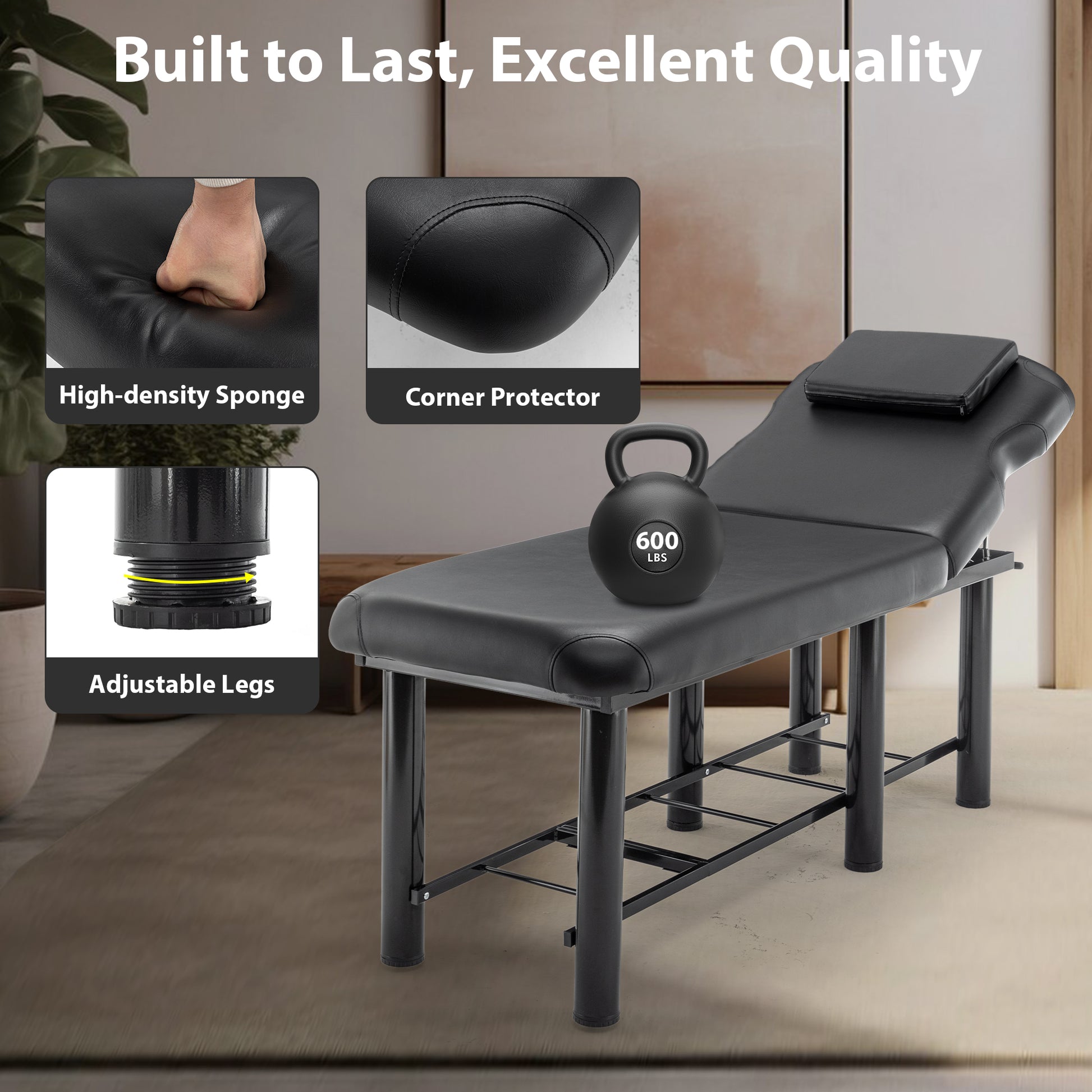 Professioanl Massage Tablebackrest Adjustable, Removable Headrest, Bottom Shelf Storagememory Foam Layer Salon Bed,Black Black Metal