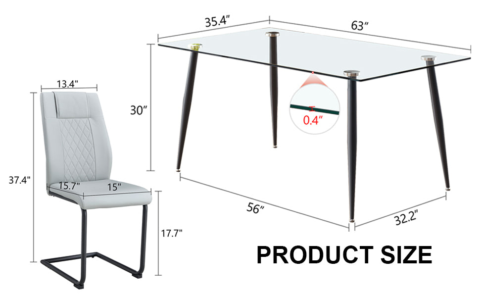 1 Table And 4 Chairs Set.Rectangular Table With Transparent Tempered Glass Tabletop And Black Metal Legs.Paired With 4 Chairs With Pu Leather Cushioned Seats And Black Metal Legs.Dt 1544 C 001 Transparent Glass Metal