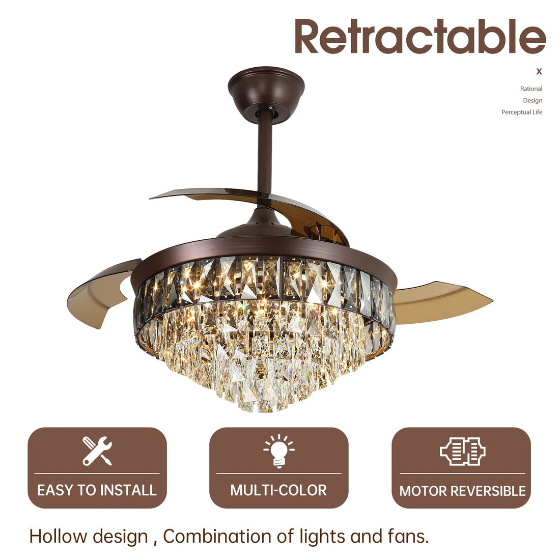 42"Chandelier Ceiling Fan Retractable Ceiling Fans With Lights And Remote Control 6 Speed 3 Changable Led Light Crystal Ceiling Fan Modern Light For Bedroom Indoor Living Room Coffee Luxury Abs Steel Q235