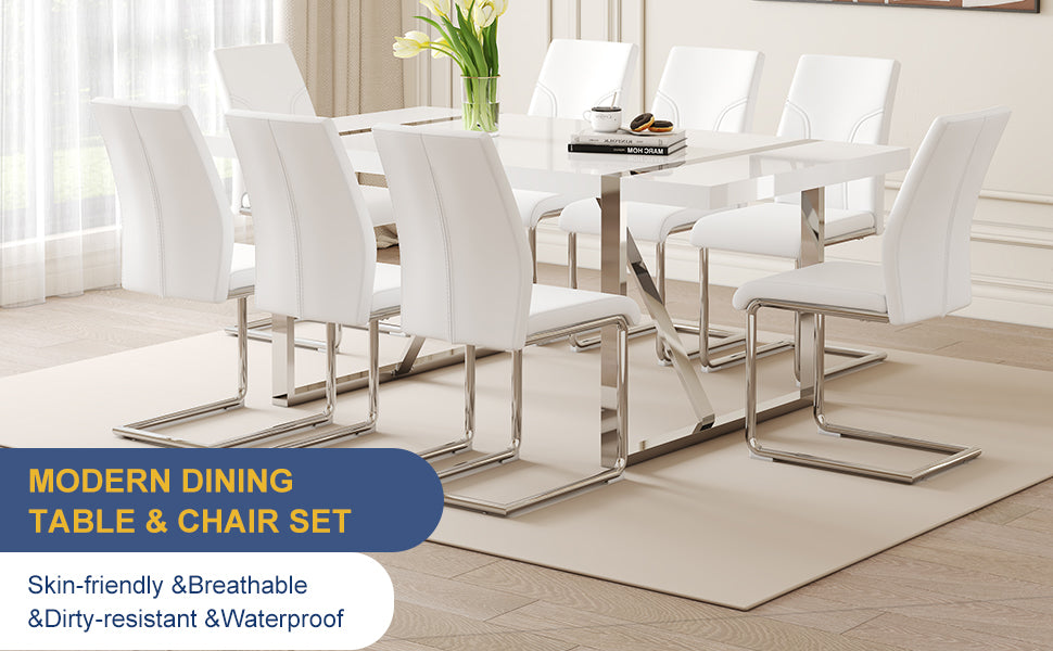 Table And Chair Set.71"X39.3" White Mdf Painting Dining Table Set With 8 White Pu Chairs.Showcasing A Modern And Stylish Look.Suitable For Dining Room.Mdf Painting,Iron Pipe Plating,Pu Chiairs.