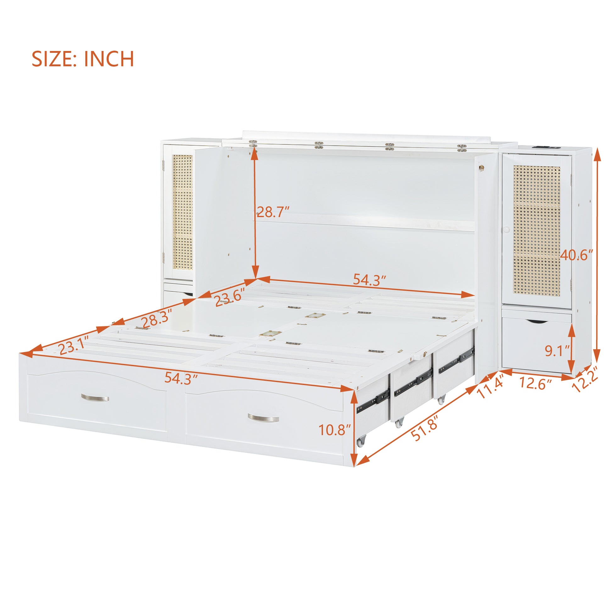 Full Size Murphy Bed Wall Bed With Drawer And Rattan Decoration With 2 Storage Cabinets, One Set Of Sockets & Usb Ports, Pulley Structure Design, White Full White Plywood