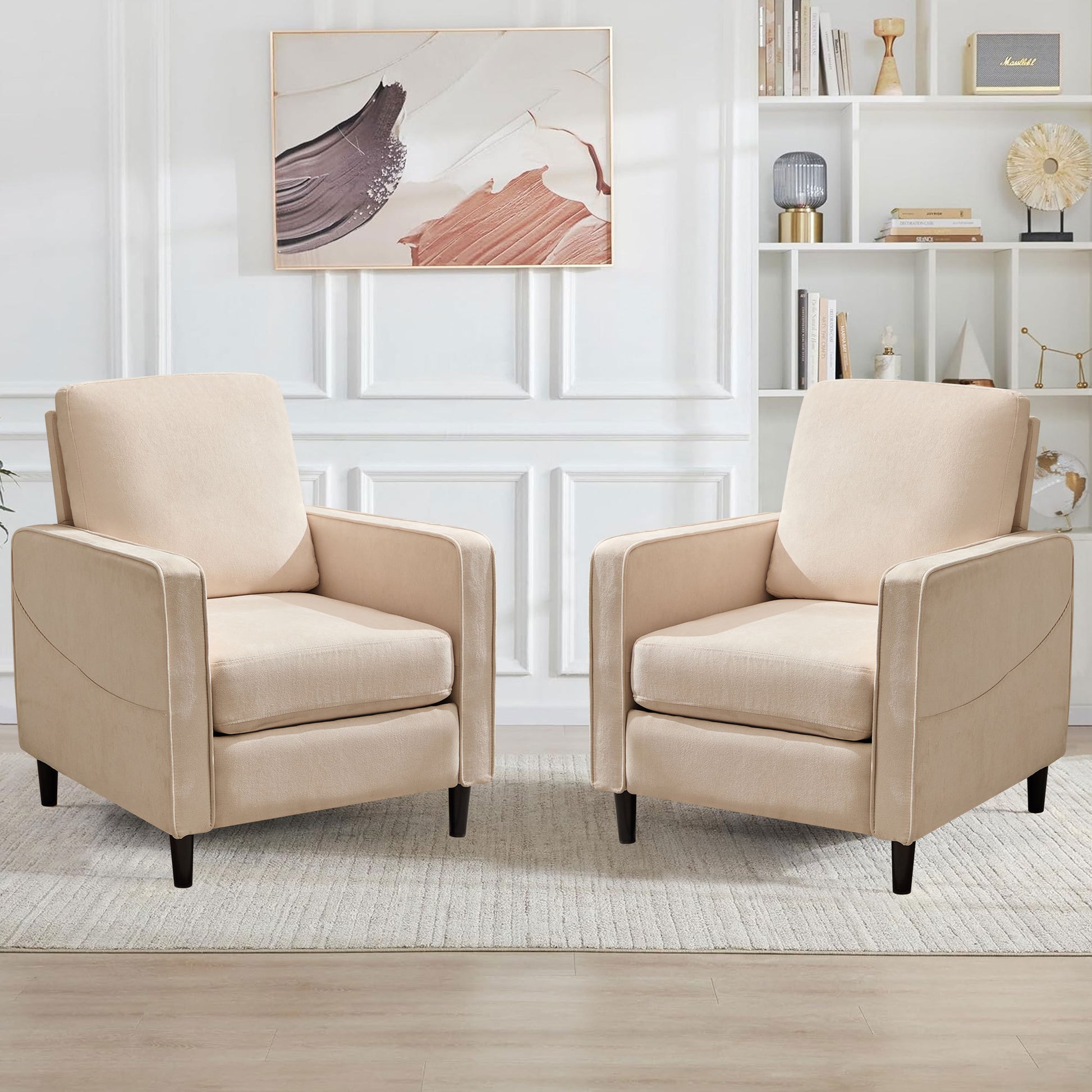 Mid Century Accent Chair ,Modern Linen Fabric Armchair For Living Room,Double Side Pockets, Comfortable And Padded Reading Feature Sofa Chair, Suitable For Bedrooms, Living Rooms, And Offices,Beige Beige Linen