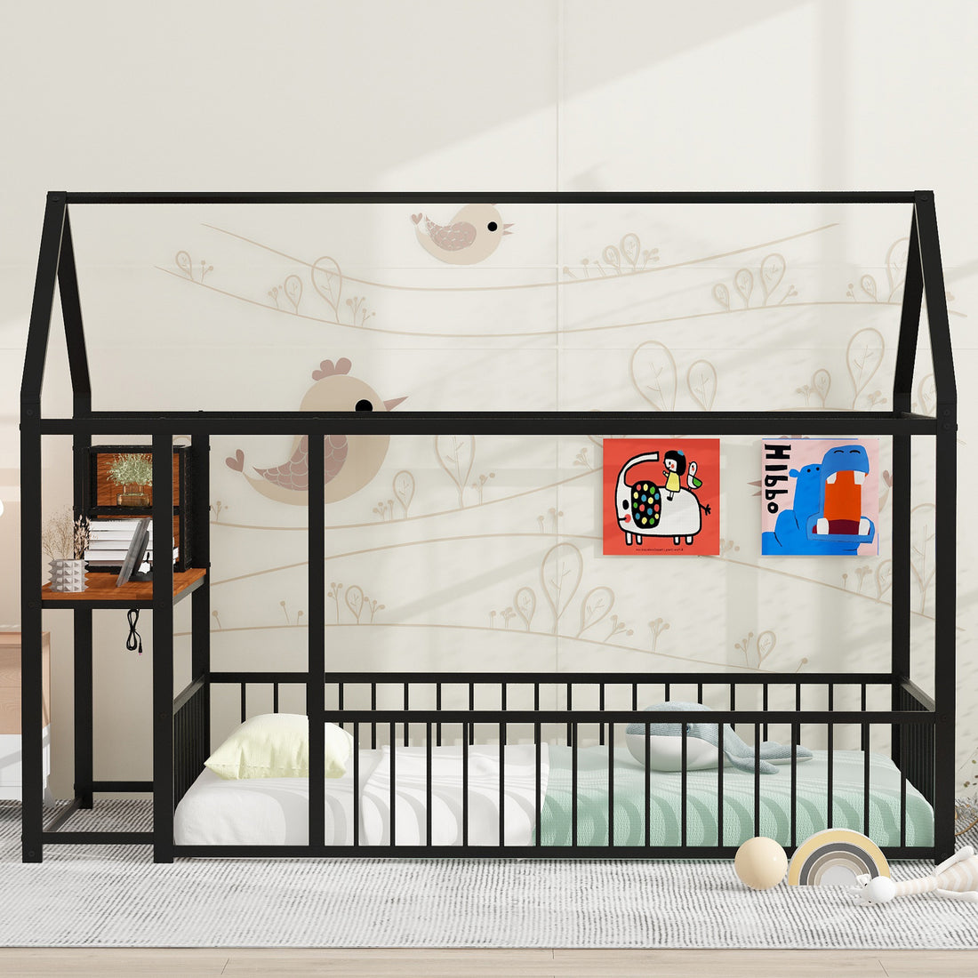 Twin Size Metal Bed House Bed Frame With Desk, Shelves, Power Outlets And Usb Ports, Black Twin Black Metal